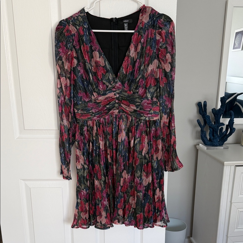 Aqua Floral Long Sleeve Dress